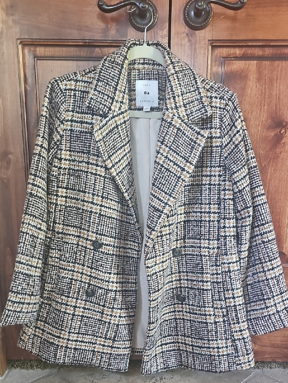 Checked Tweed Double-Breasted Blazer Jacket - Black & Cream
